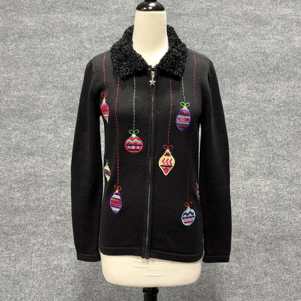 Bechamel Sweater Womens Small Black Christmas Ornaments Embroidered Full Zip